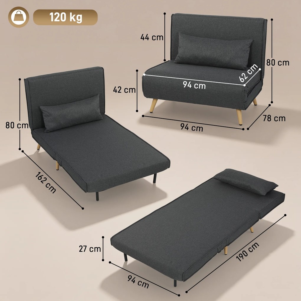 HOMCOM Fotoliu Extensibil 3 în 1 cu Spătar Reglabil pe 3 Niveluri și Pernă, Material Textil cu Aspect de In, Gri | Aosom Romania