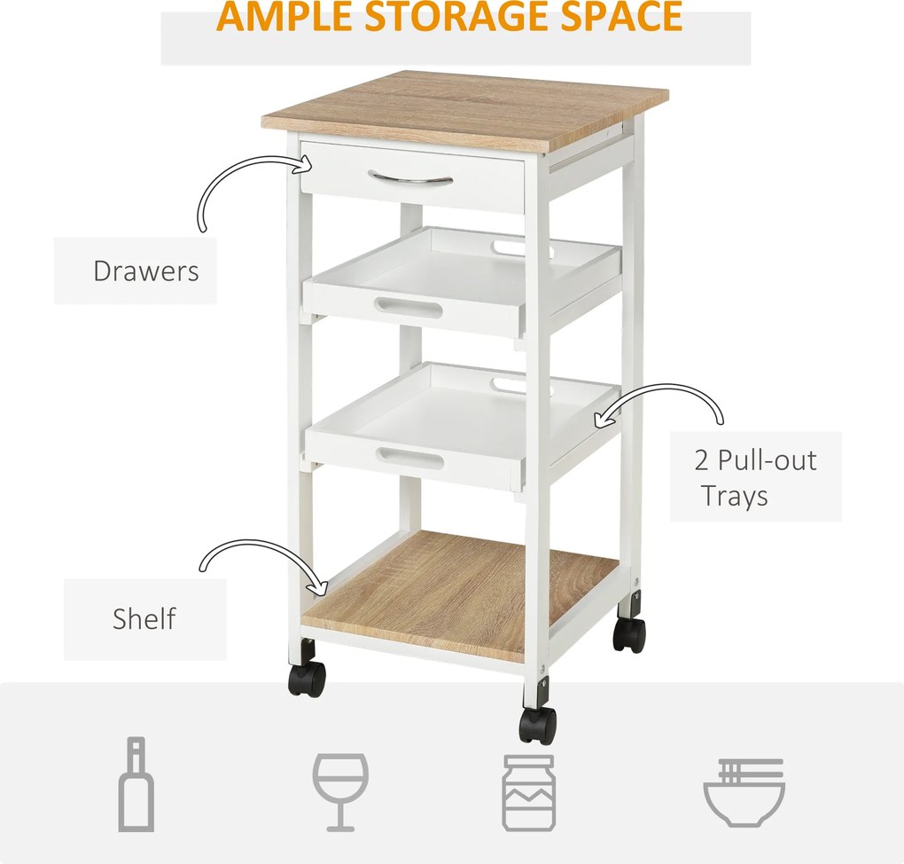 HOMCOM Căruț de servire căruță de bucătărie pe roți 2 tavane detașabile, sertar, raft stejar deschis lemn de pin alb | Aosom Romania