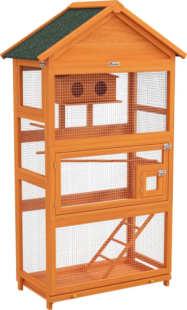 PawHut Volieră pentru Păsări cu 3 Uși, Cușcă, Scară și Tavă, din Lemn și Metal, 92x52x171 cm, Portocaliu și Negru | Aosom Romania