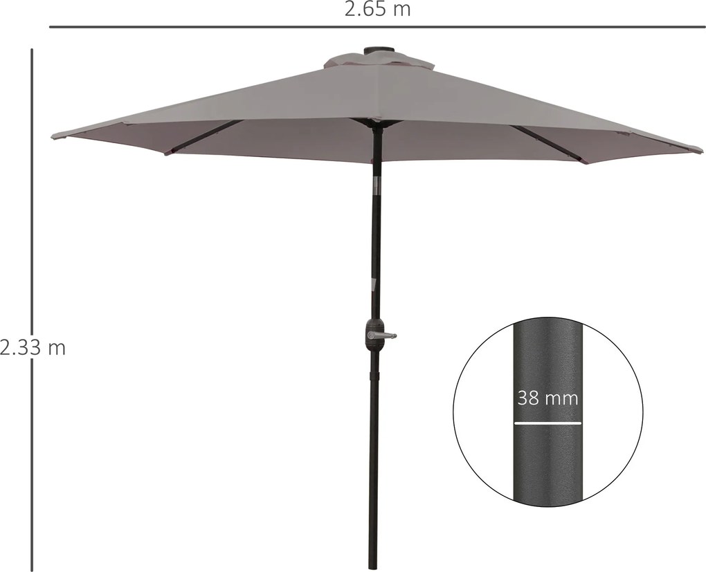 Outsunny Umbrelă de Grădină Inclinabilă Ø265 cm cu 32 Lumini LED Solare și Manivelă, Umbrelă de Exterior cu 8 Spițe, din Oțel și Poliester, pentru Patio, Curte, Balcon, Terasă, Gri | Aosom Romania