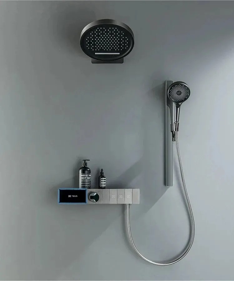 Sistem dus digital smart 3 functii cu afisaj LED, palarie dus O32cm si panou termostatic, Form Harmony Negru