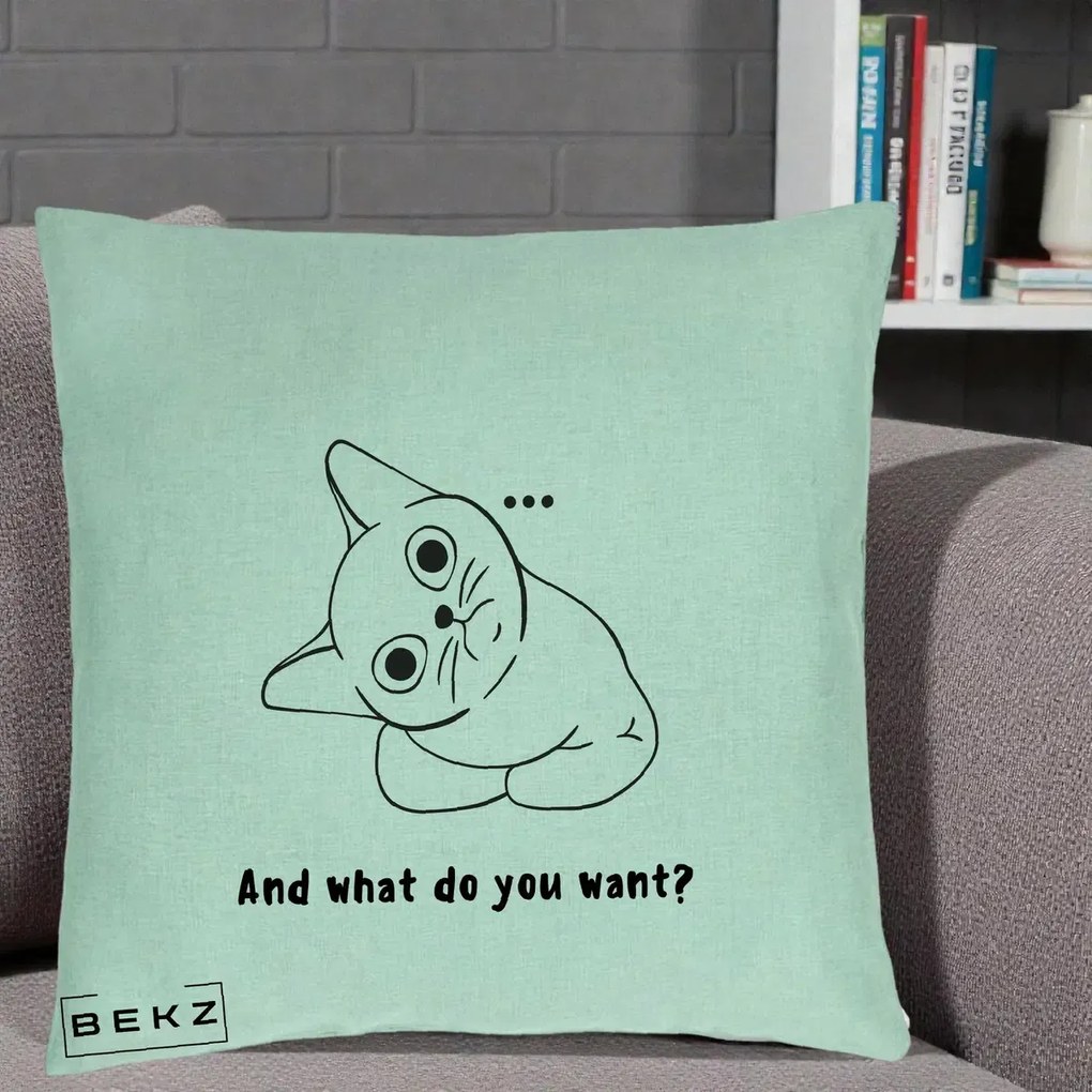 Perna Decorativa And What Do You Want Cat, 40x40 cm, Verde Menta, Husa Detasabila, Perna Inclusa, BEKZ®