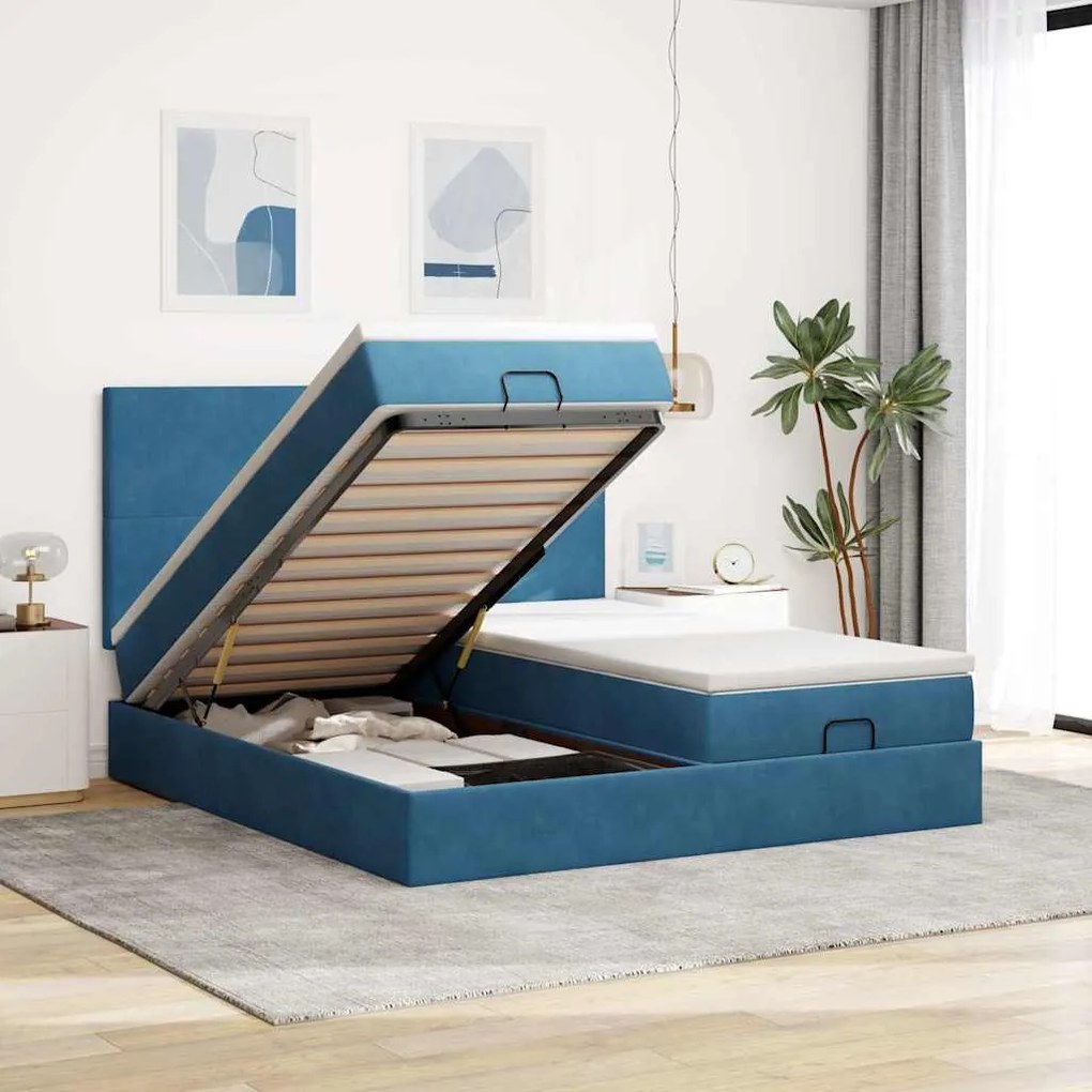 vidaXL Cadru pat otoman cu saltele Albastru închis 180x200cm catifea