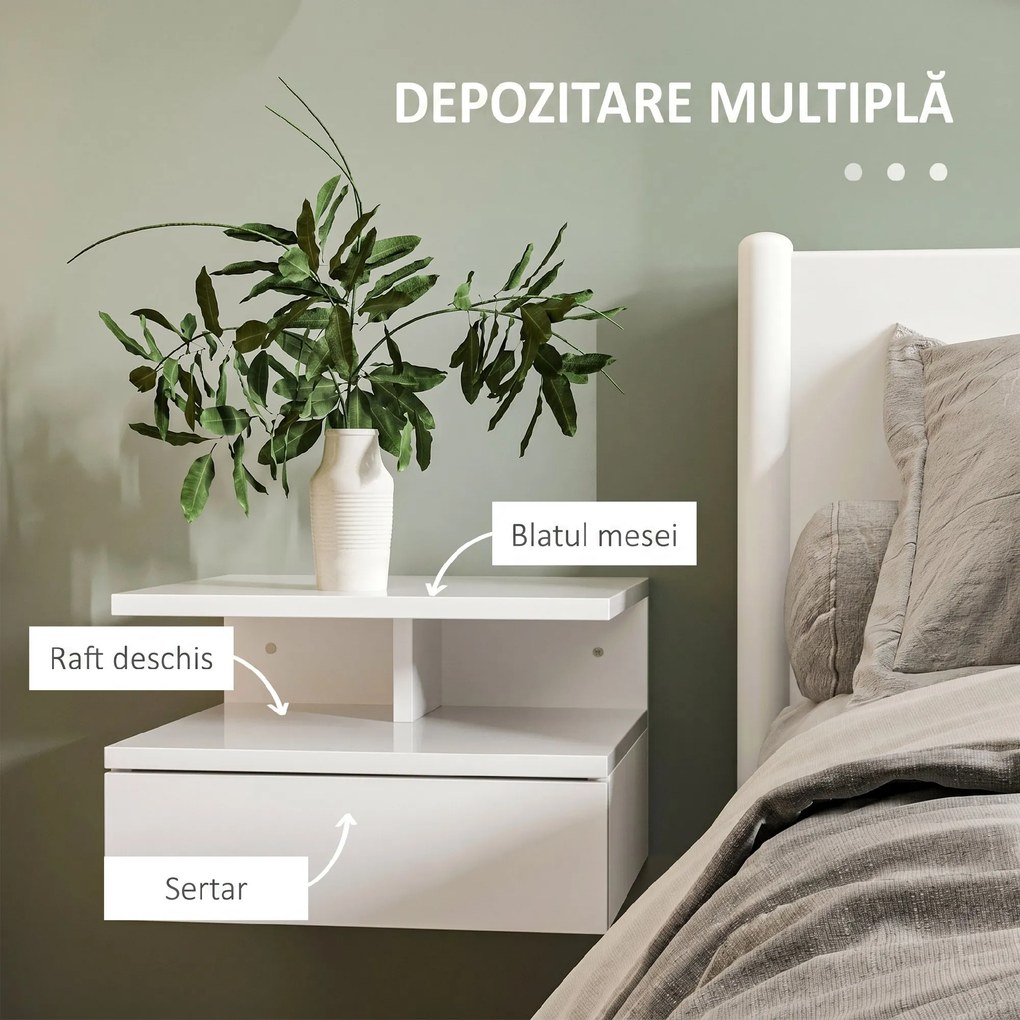 HOMCOM Set de 2 Noptiere Suspendate cu Raft Superior, Design Modern, Lemn, Alb Lucios, 35x32x22.5cm | Aosom Romania