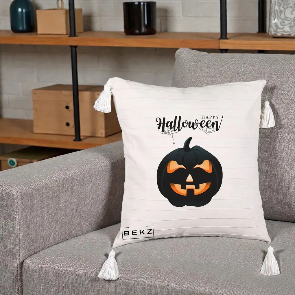 Perna Decorativa Happy Halloween Dovleac Negru cu Paianjen, 40x40 cm, Bej cu Franjuri, Husa Detasabila, Perna Inclusa, BEKZ®