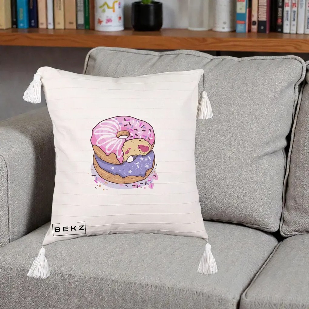 Perna Decorativa Donuts Roz si Mov, 40x40 cm, Bej cu Franjuri, Husa Detasabila, Perna Inclusa, BEKZ®