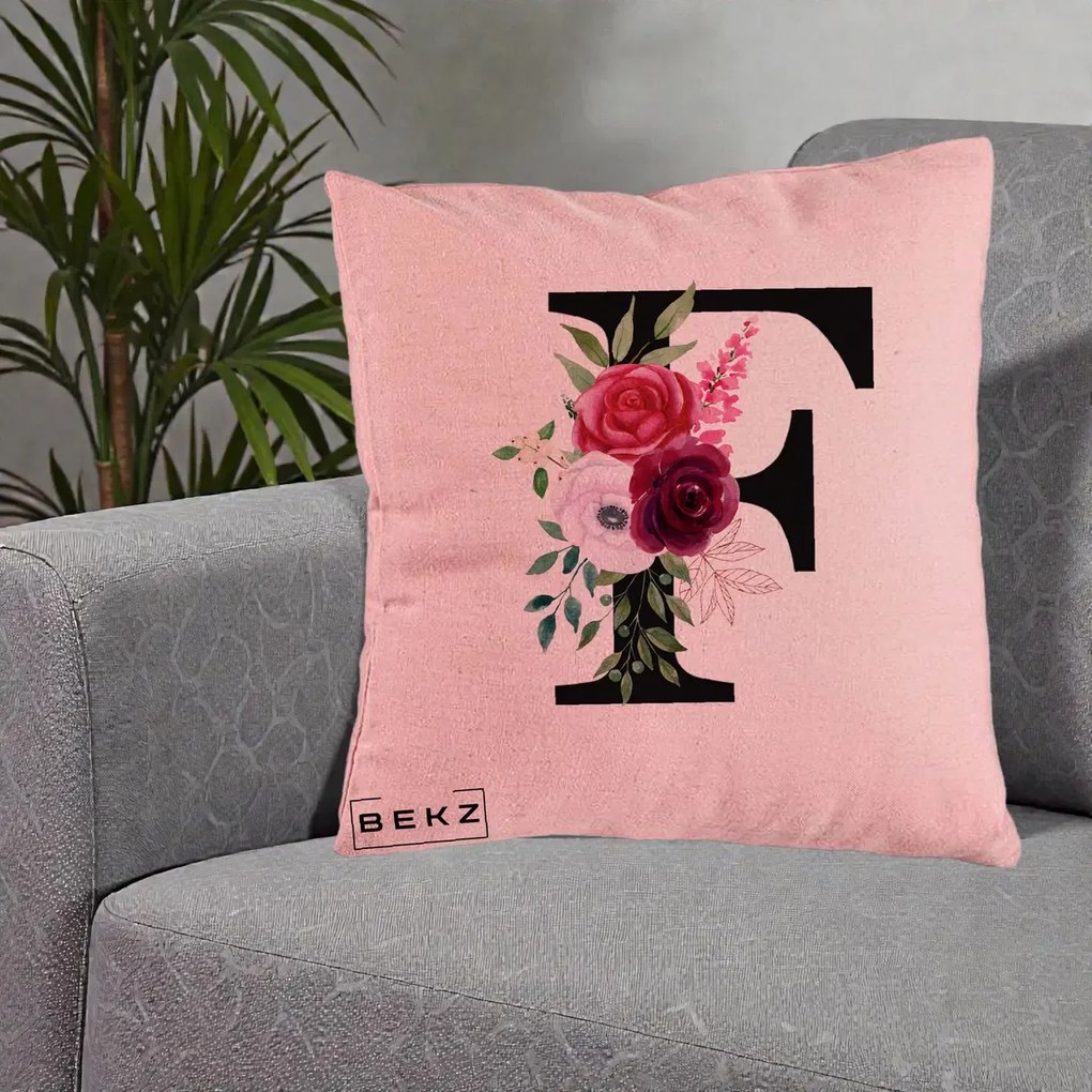 Cadou Personalizat - Perna Personalizata Monograma Florala Litera F, 40x40 cm, Roz, Husa Detasabila, Perna Inclusa, BEKZ®