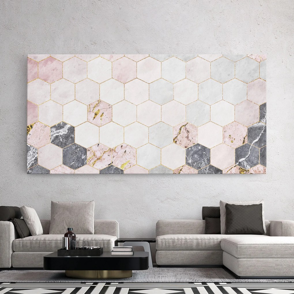 Tablou Canvas, 50x100cm, Dormitor si Living, Abstracte, Geometrice, Grey Pink Hexagon