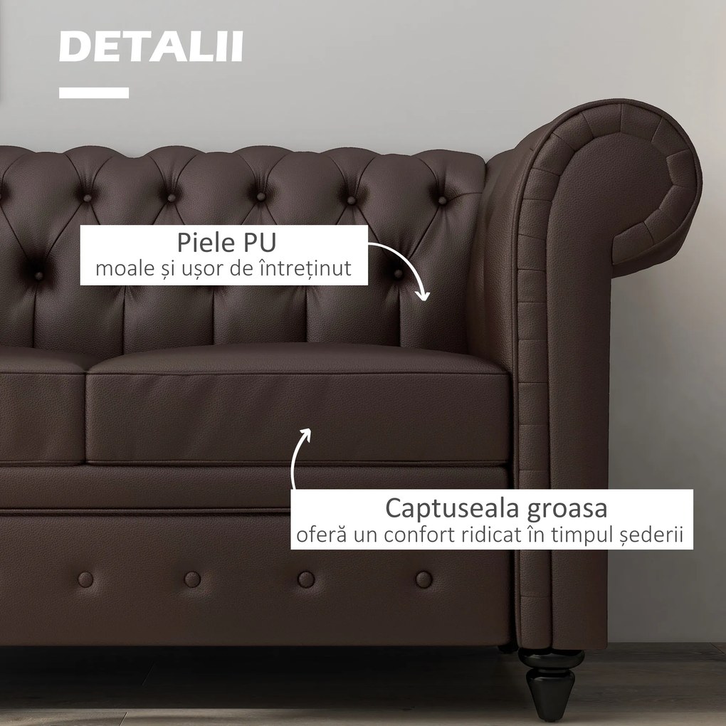 HOMCOM Canapea cu 2 locuri in stil Chesterfield din piele ecologica, lemn si metal, canapea clasica cu perna detasabila, 160x84x80 cm, maro