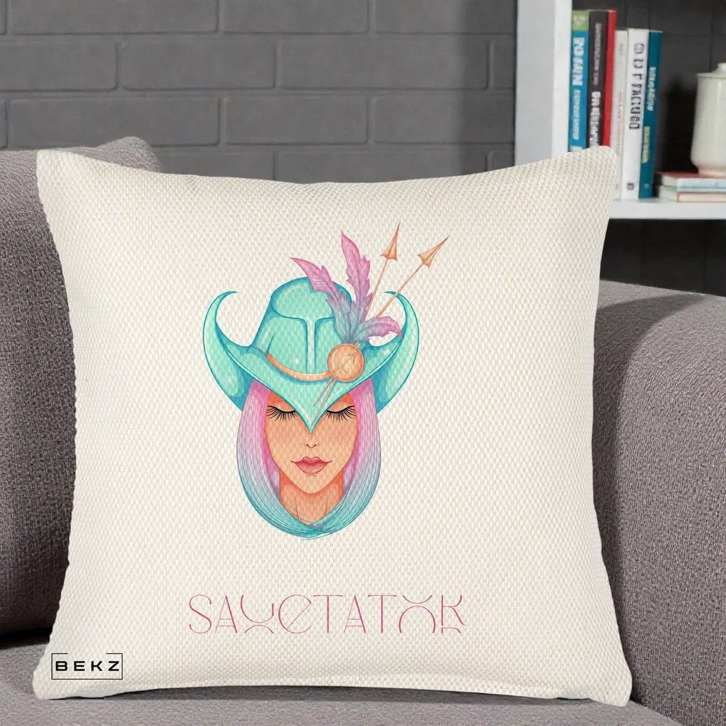 Perna Personalizata Zodiac Sagetator Cowgirl, 40x40 cm, Crem Reliefat, Husa Detasabila, Perna Inclusa, BEKZ®