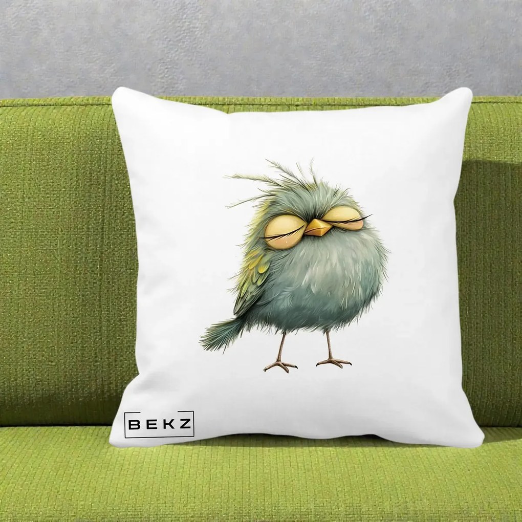 Perna Decorativa Pasare Teal Adormita cu Ochi Galbeni, 40x40 cm, Alba Mata, Husa Detasabila, Perna Inclusa, BEKZ®
