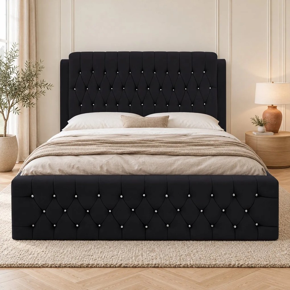 Pat tapițat Chesterfield din catifea Aveline Deluxe 140×200 cm, negru, cu ladă de depozitare
