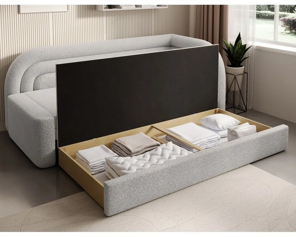 Canapea crem extensibilă/cu spațiu de depozitare cu tapițerie din țesătură bouclé cu colț pe partea dreaptă 223 cm Fabillo – ELTAP