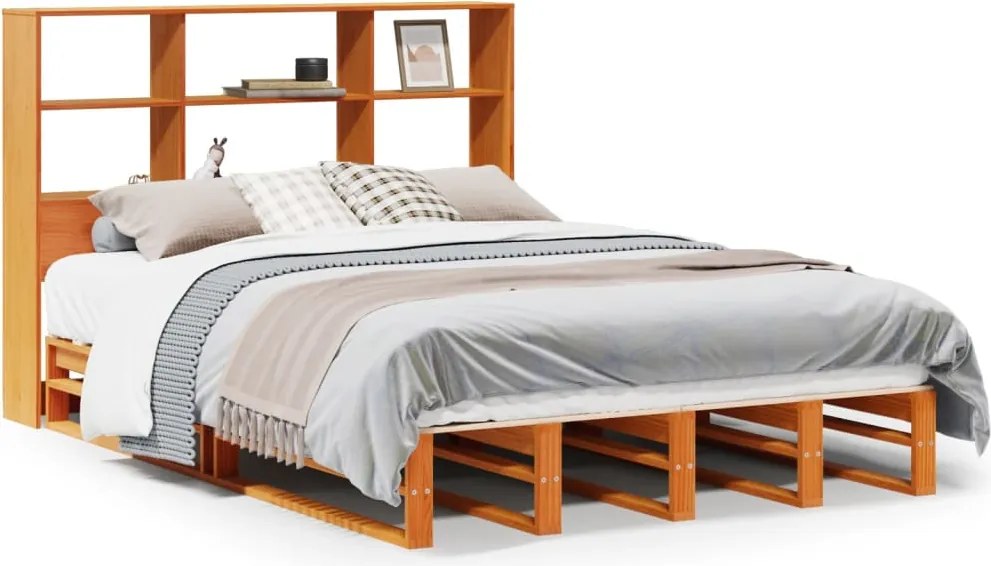 vidaXL Pat cu bibliotecă fără saltea, maro, 120x200 cm, lemn masiv