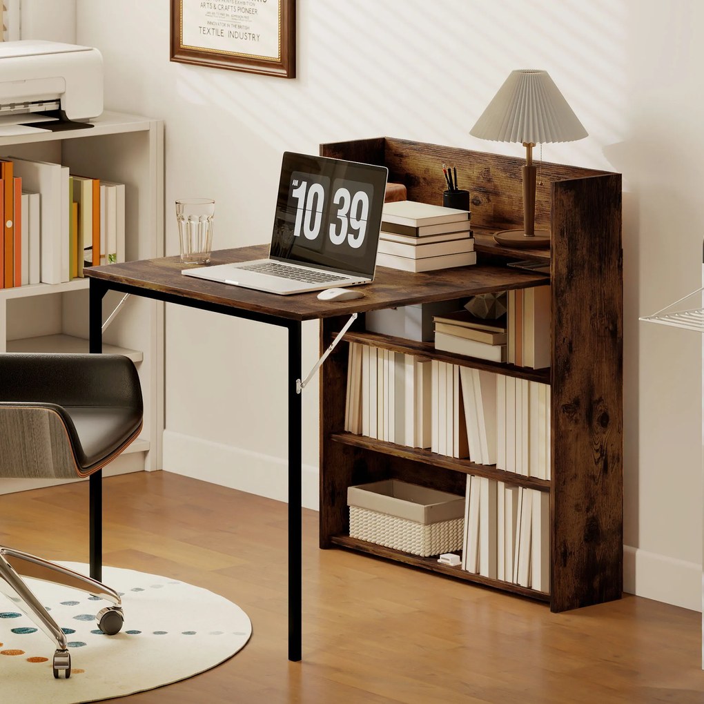 HOMCOM Masă pliabilă cu raft, design industrial, economisire de spațiu, pentru spații mici, 80x90x93cm, Maro-Rustic | Aosom Romania