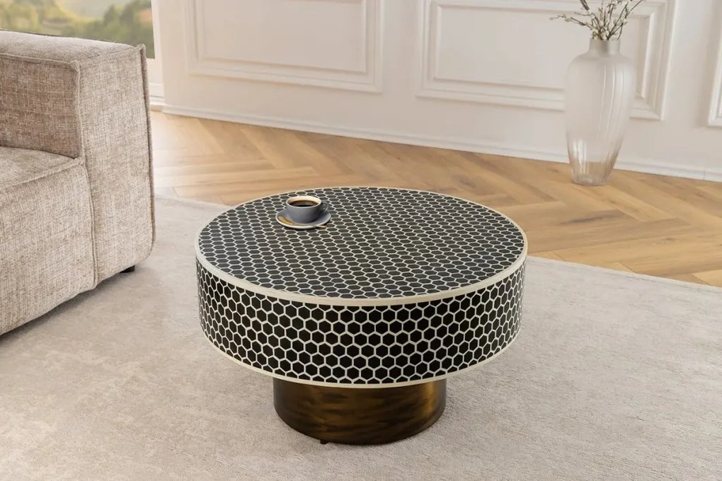 Masuta de cafea rotunda, Mozaic incrustat, Alb-Negru, HARMONY NATURE 60cm
