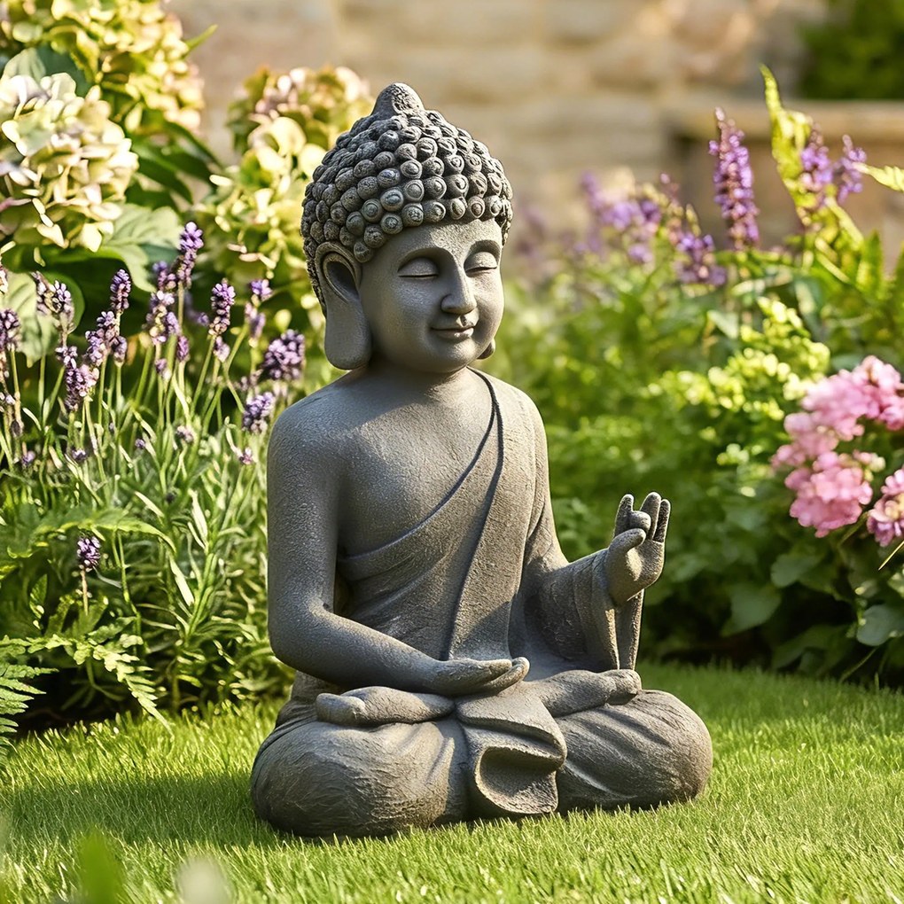 Outsunny Statuie de Grădină, Sculptură Buddha Șezând din Oxid de Magneziu, Decorațiune Spirituală 32 x 23 x 51 cm, Gri Închis | Aosom Romania