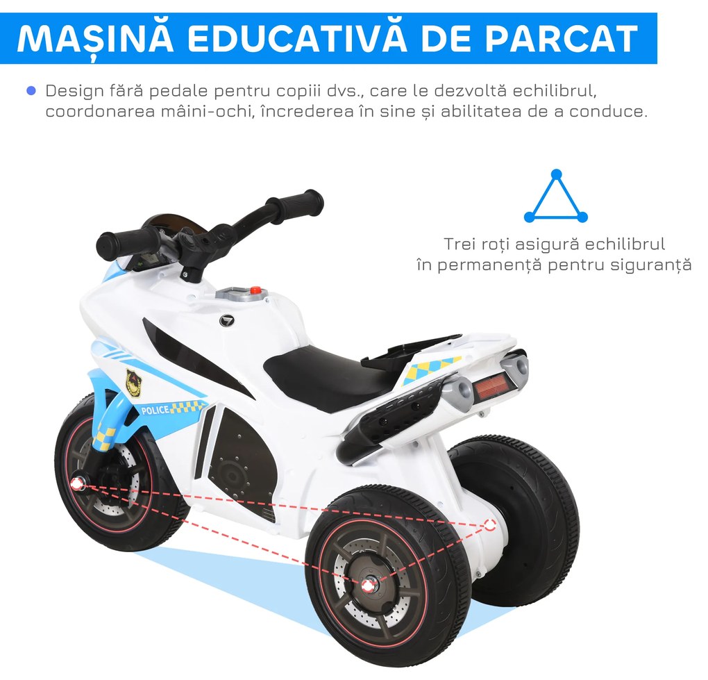 HOMCOM Motocicletă pentru Copii 18-36 Luni cu 3 Roți, Muzică și Faruri, 74x39x48 cm, Albastru Deschis | Aosom Romania