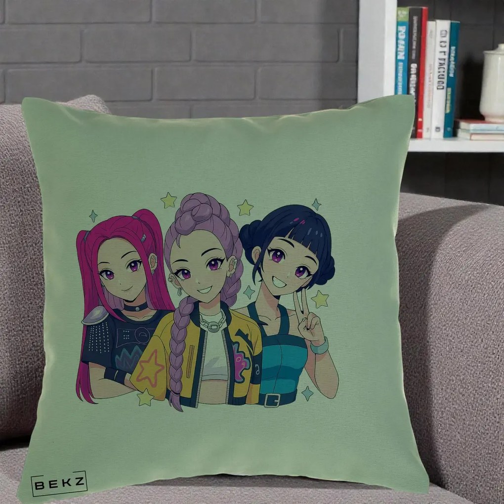 Perna Personalizata K-pop HUNTRX Trio Anime Stele, 40x40 cm, Verde, Husa Detasabila, Perna Inclusa, BEKZ®