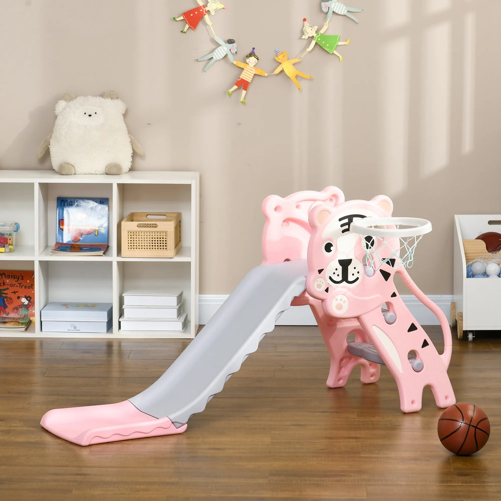 AIYAPLAY Tobogan pentru Copii 18-36 Luni cu Coș de Baschet Lateral și Tobogan din Plastic, 133x60x70 cm, Roz | Aosom Romania