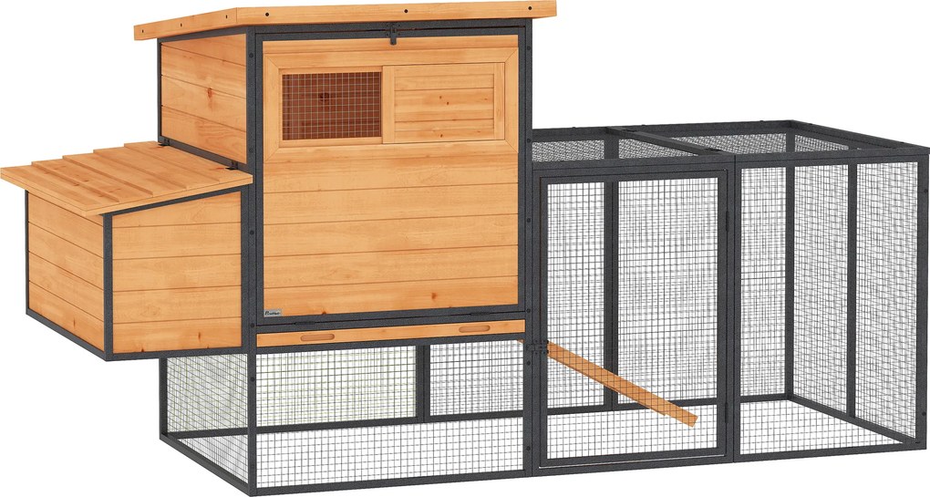 PawHut Cușcă pentru găini din lemn și oțel cu țarc, cuib, tavă pentru dejecții și acoperiș deschis 192x81,5x104cm portocaliu | Aosom Romania