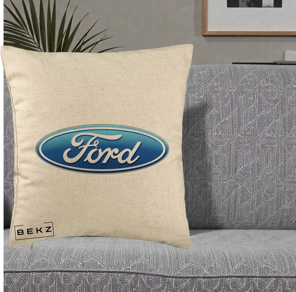 Perna Personalizata cu emblema Ford, 40x40 cm, Bej, Husa Detasabila, Perna Inclusa, BEKZ®