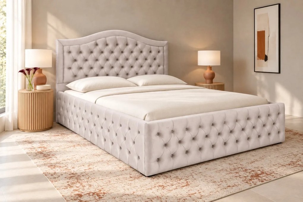 Pat tapițat Chesterfield din catifea Solaria Deluxe 140×200 cm, crem, cu ladă de depozitare