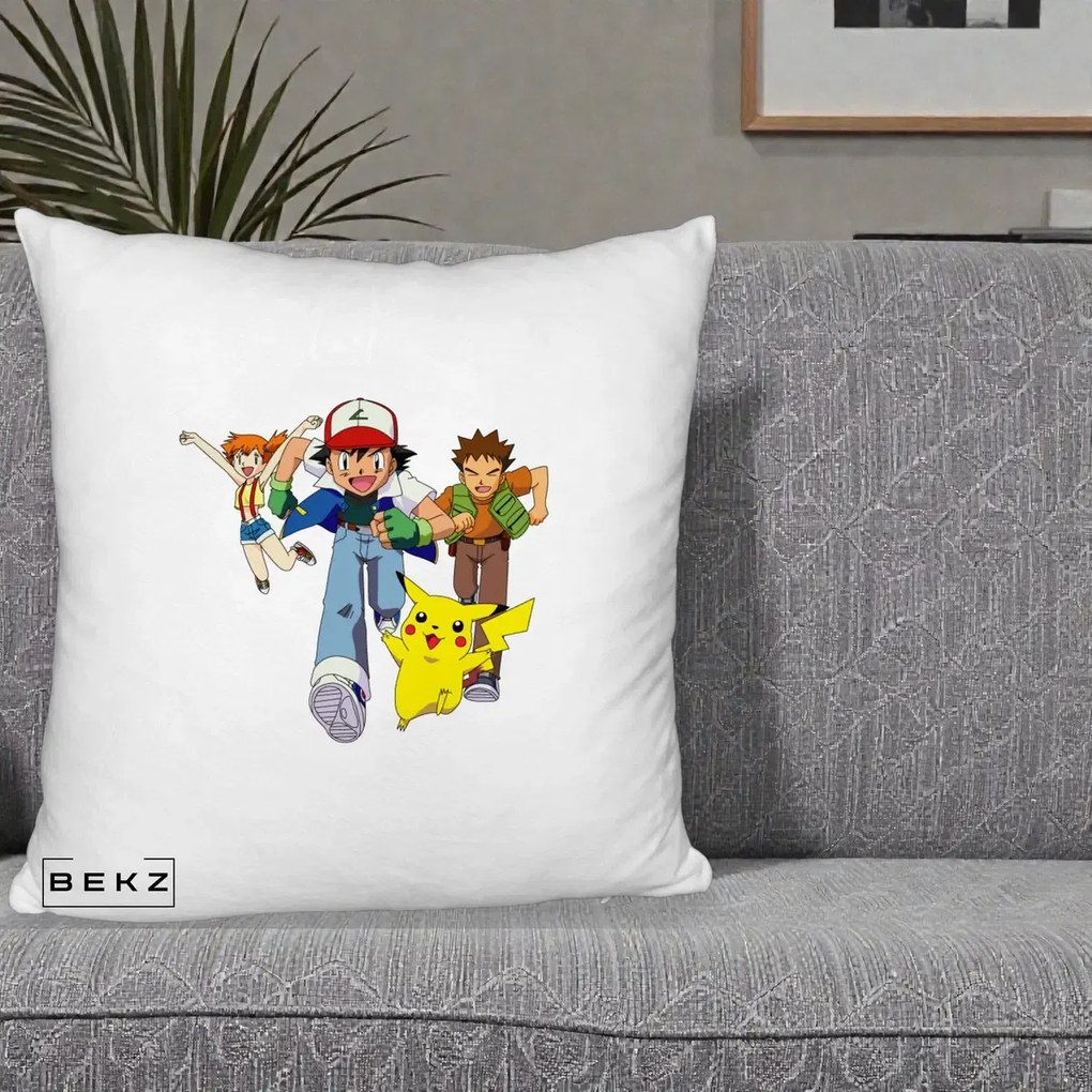 Perna Personalizata Pokemon Ash Misty Brock si Pikachu, 40x40 cm, Alb Pufos, Husa Detasabila, Perna Inclusa, BEKZ®