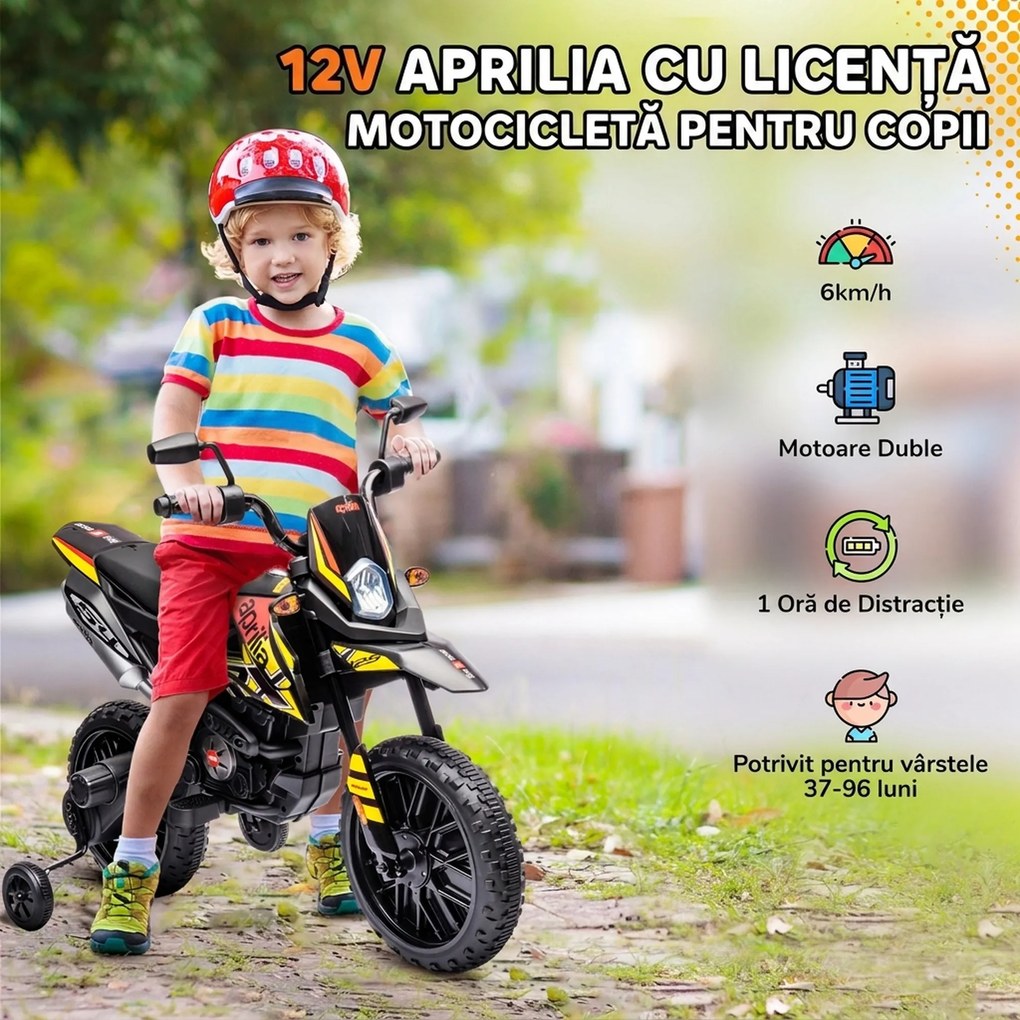 AIYAPLAY Motocicletă Electrică pentru Copii 3-8 Ani, 2 Motoare 12V, Roți Ajutătoare Detașabile, 30 kg, Galben | Aosom Romania