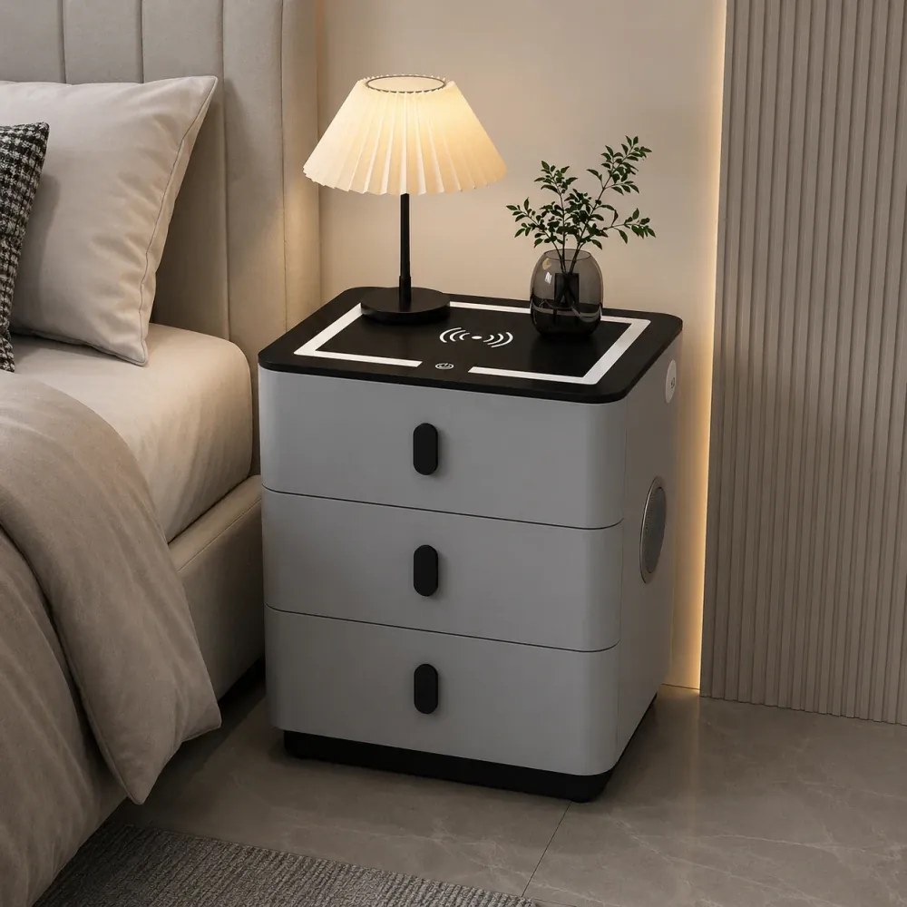 RESIGILAT- Noptieră inteligentă multifuncțională, 3 sertare, LED-uri tactile, 3 tipuri de culoare, încărcare fără fir, Difuzor Bluetooth, incarcare USB, sticla securizata, Gri