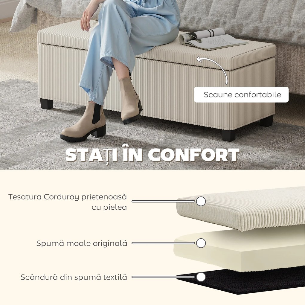 HOMCOM Bancă de Depozitare de 84L, din Țesătură cu Efect de Catifea și Oțel, 112x42x40 cm, Bej | Aosom Romania