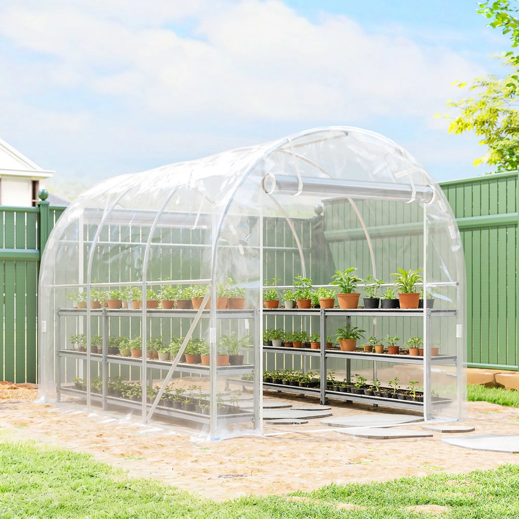 Outsunny Seră de Grădină Tip Tunel 2x3x2 m cu 2 Uși Rulabile, Seră pentru Legume, Flori și Fructe, cu 4 Bare Diagonale, Cadru din Oțel și Acoperiș PE, Transparentă | Aosom Romania