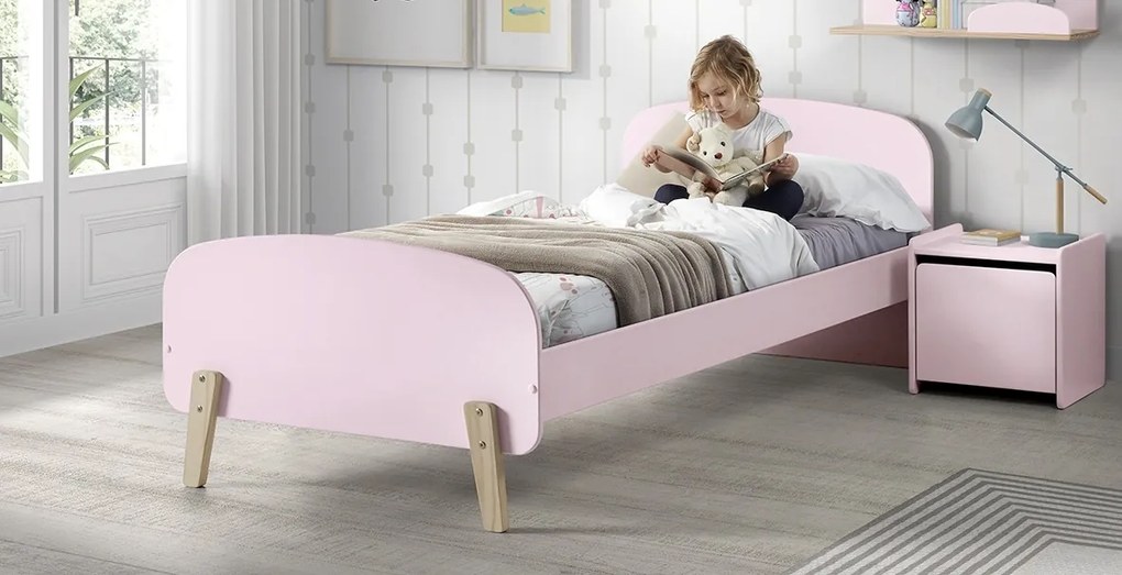 Set KIDDY în roz format dintr-un Pat copii (90x200) și o noptieră.