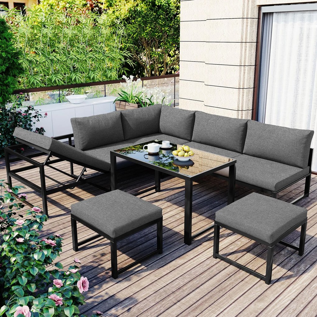 Set de mobilier de grădină din 5 piese, grup de ședere cu spătar reglabil, Negru+Gri