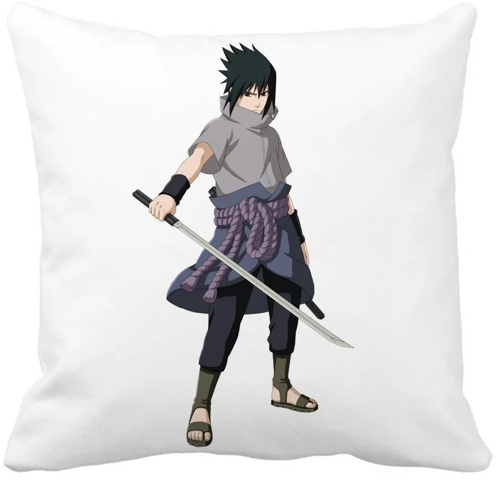 Perna Decorativa cu Nsruto Sasuke, 40x40 cm, Alba, Mata, Husa Detasabila, Burduf