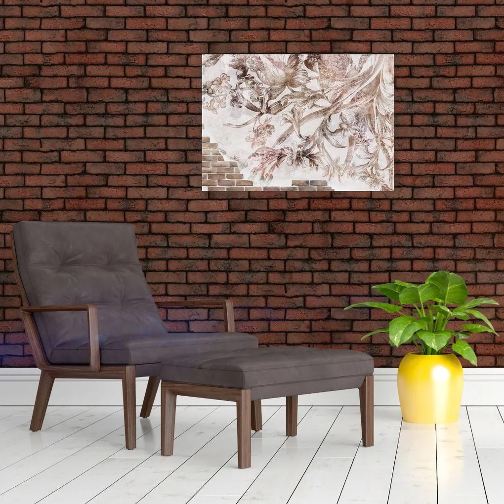 Tablou pe sticlă - Frescă florală pe un perete de cărămidă (70x50 cm)