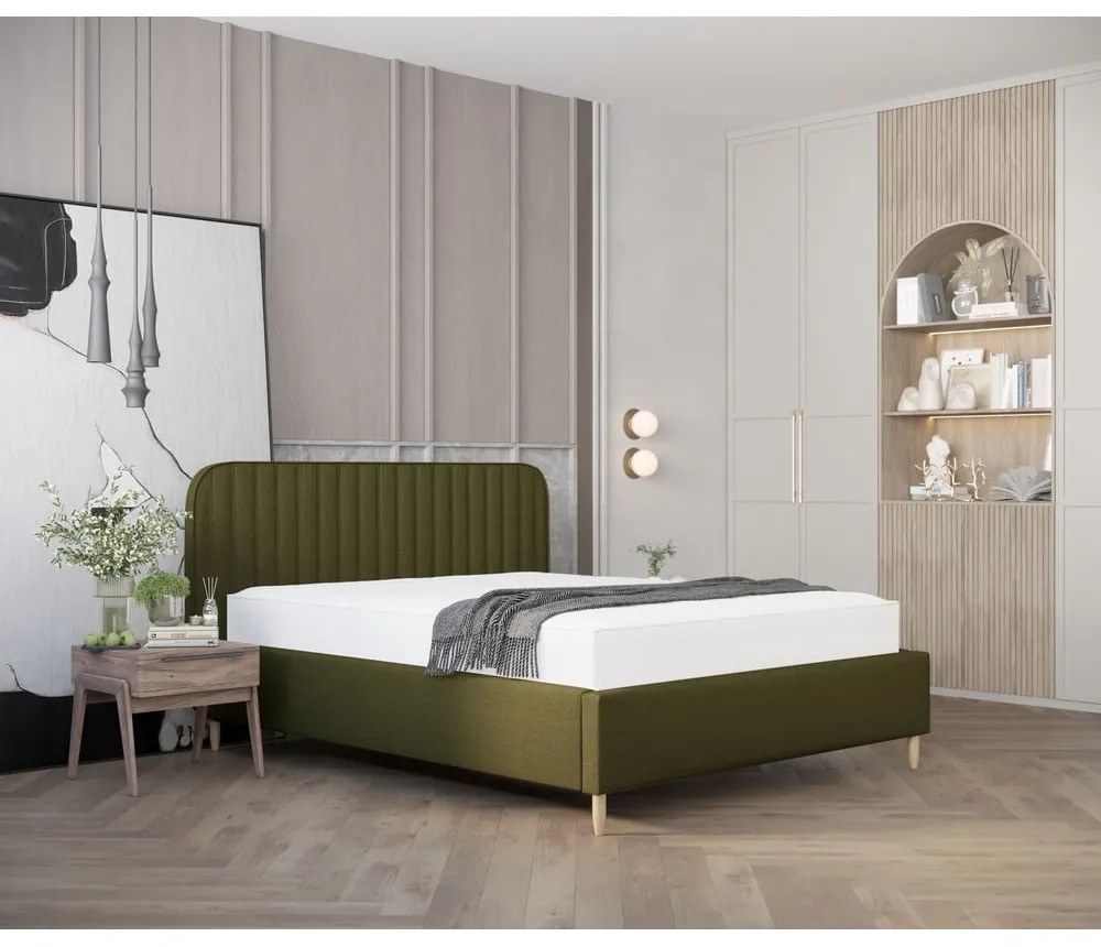 Pat matrimonial verde tapițat cu spațiu de depozitare cu somieră 180x200 cm Noto – Maison de Rêve
