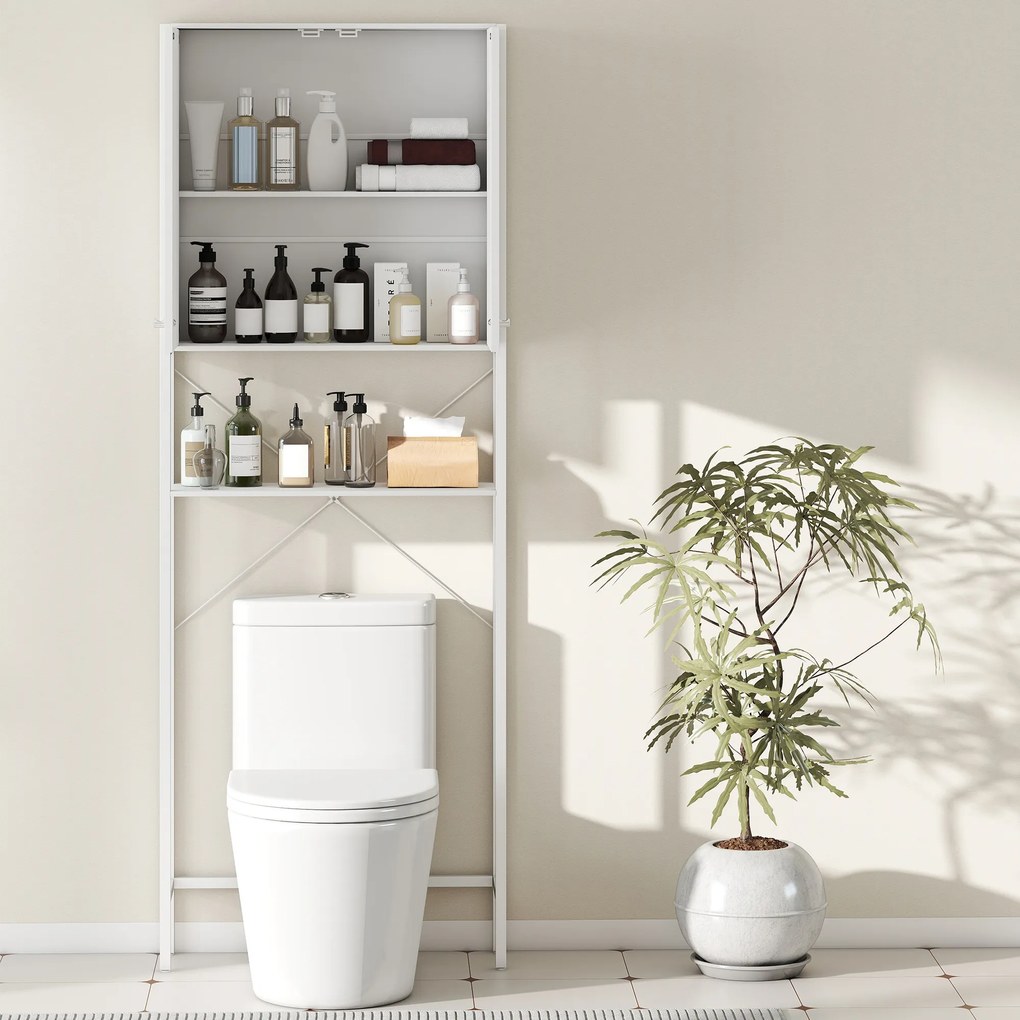 Mobilier HOMCOM pentru Baie Deasupra WC-ului cu Dulap și Raft Deschis, Mobilier Salvaspazio cu Picioare din Metal pentru Baie și Spălătorie, 64x20x180 cm, Alb | Aosom Romania
