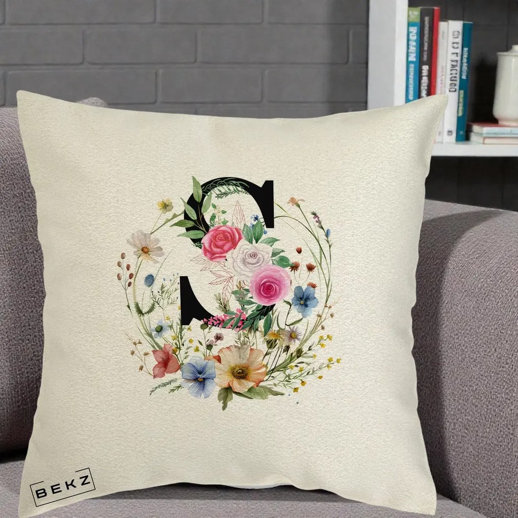 Cadou Personalizat - Perna Personalizata Monogram Litera S cu Flori Acuarela, 40x40 cm, Ecru, Husa Detasabila, Perna Inclusa, BEKZ®