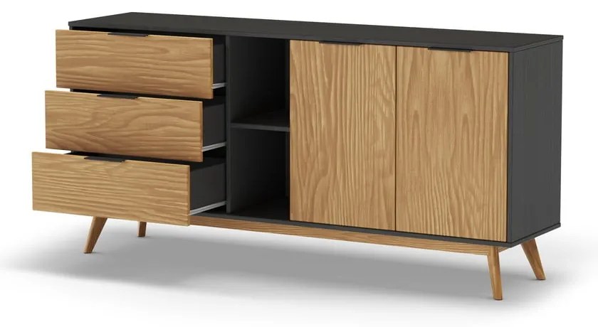 Comodă negru/natural joasă din lemn de pin 165x80 cm Lavis – Marckeric