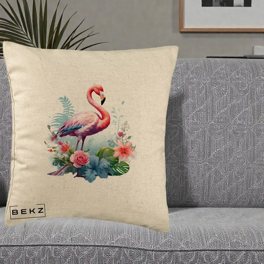 Perna Decorativa Flamingo cu Flori Tropicale Acuarela, 40x40 cm, Bej, Husa Detasabila, Perna Inclusa, BEKZ®