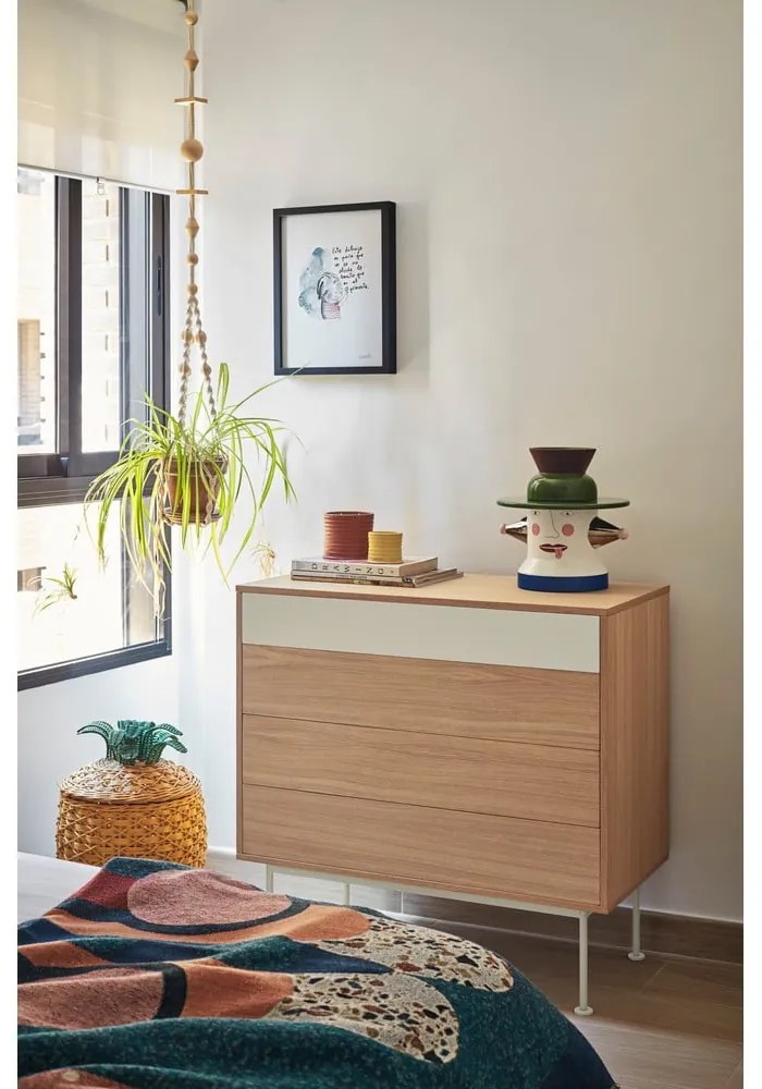 Comodă cu aspect de lemn de stejar Teulat Yoko, alb-crem