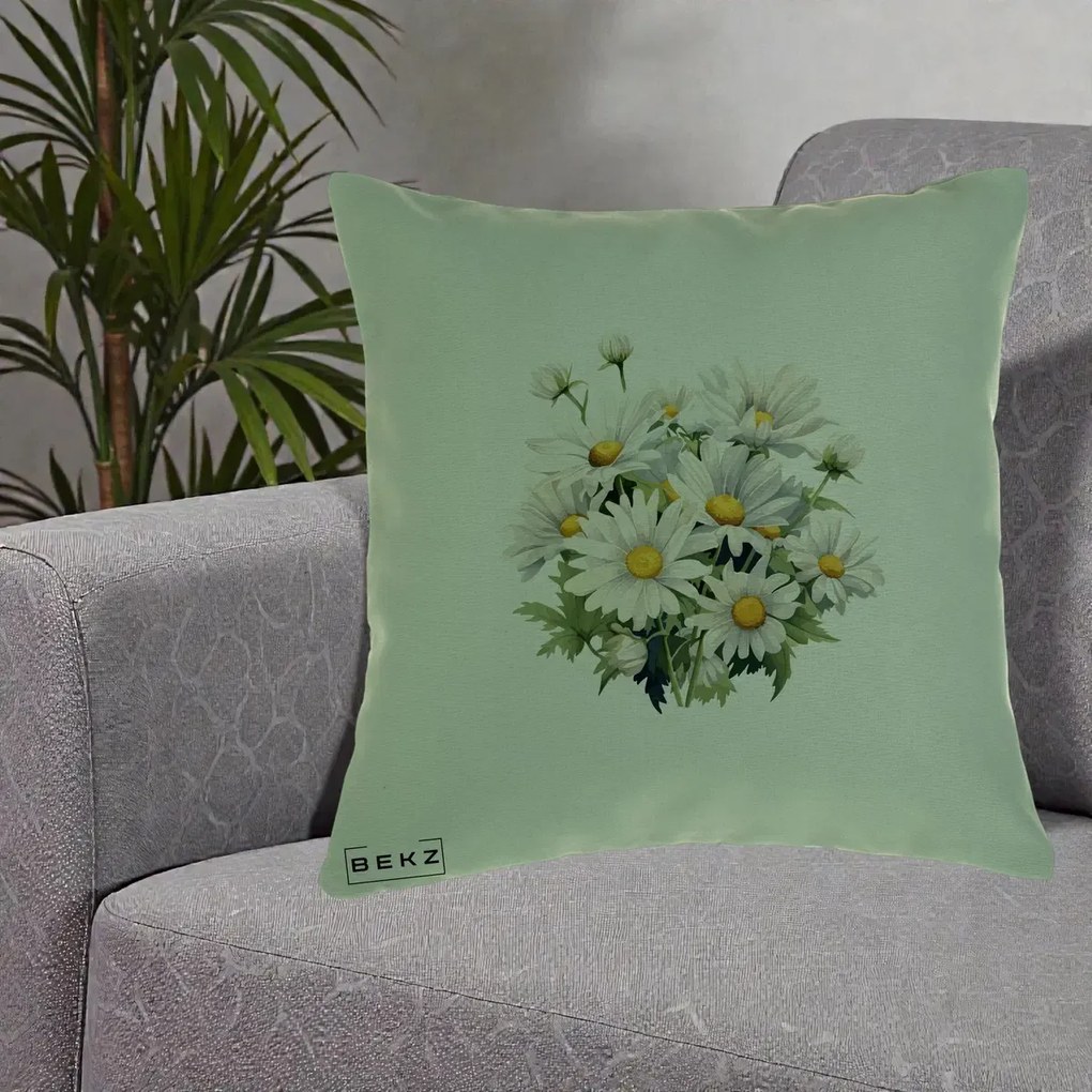 Perna Decorativa Buchet Margarete Albe Acuarela, 40x40 cm, Verde, Husa Detasabila, Perna Inclusa, BEKZ®