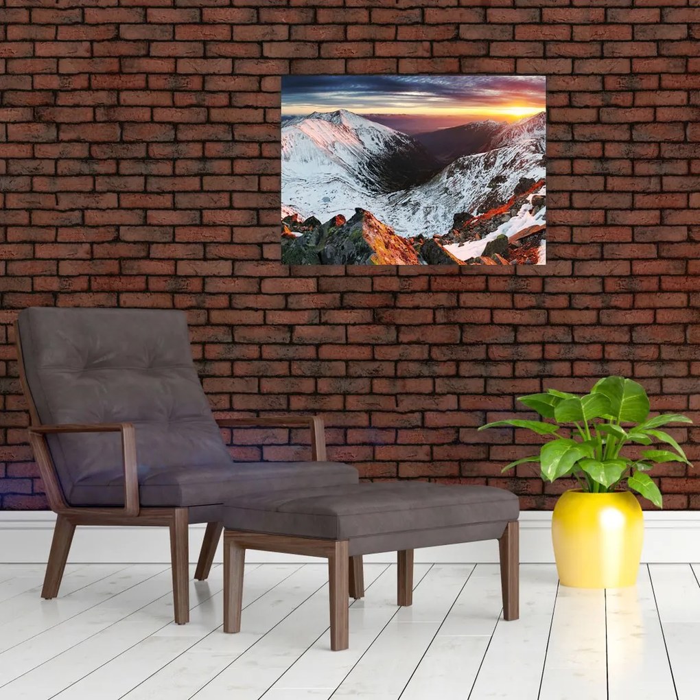 Tablou pe sticlă - Panoramă montană de iarnă (70x50 cm)