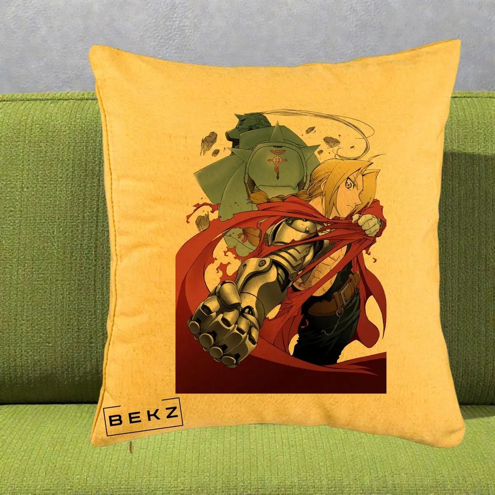 Perna Personalizata Fullmetal Alchemist Brotherhood Edward si Al Poster, 40x40 cm, Galben, Husa Detasabila, Perna Inclusa, BEKZ®