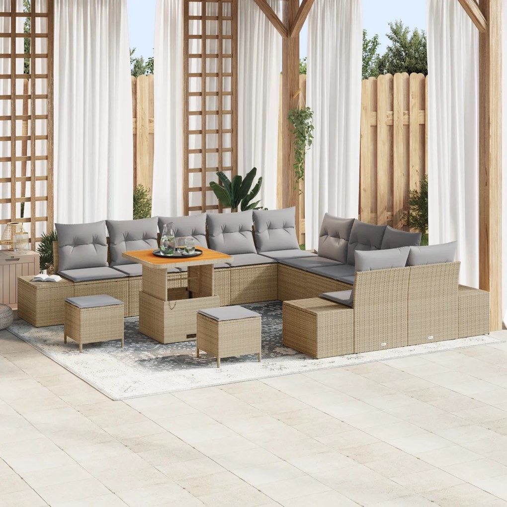 Set canapele de grădină vidaXL 13 piese cu perne Bej Poli Ratan Acacia