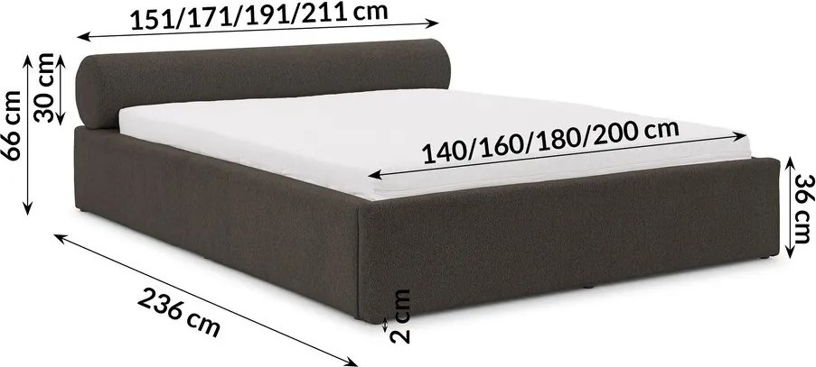 Pat matrimonial gri închis tapițat cu spațiu de depozitare cu somieră 180x200 cm Cille – Ropez