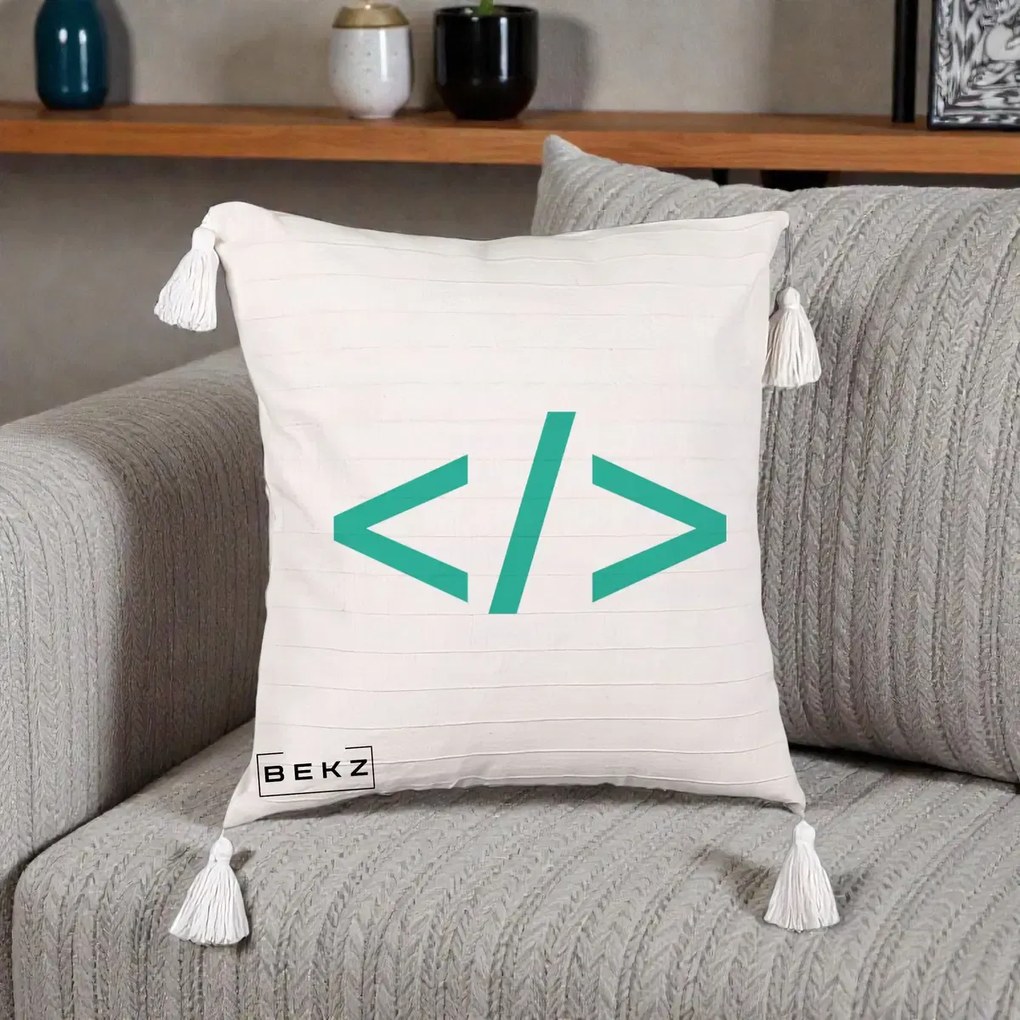 Perna Personalizata Cod HTML Turcoaz, 40x40 cm, Bej cu Franjuri, Husa Detasabila, Perna Inclusa, BEKZ®