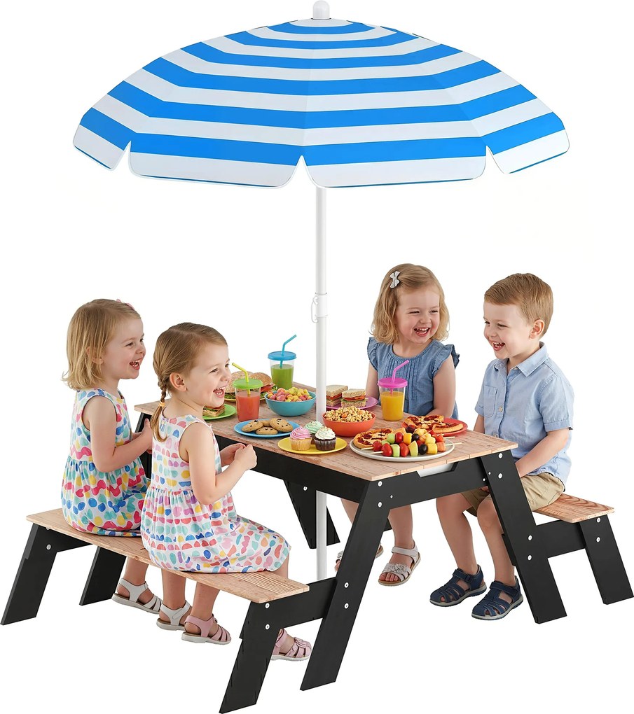 AIYAPLAY Masă de picnic pentru copii cu parasolar, set de grădină din lemn 3 în 1 pentru copii 3-6 ani cu 2 cutii, natural | Aosom Romania