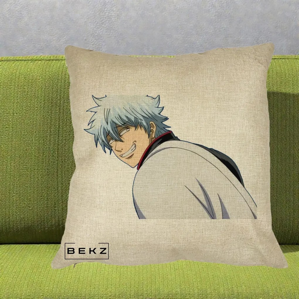Perna Personalizata Gintama Gintoki Portret cu Zambet, 40x40 cm, Crem, Husa Detasabila, Perna Inclusa, BEKZ®